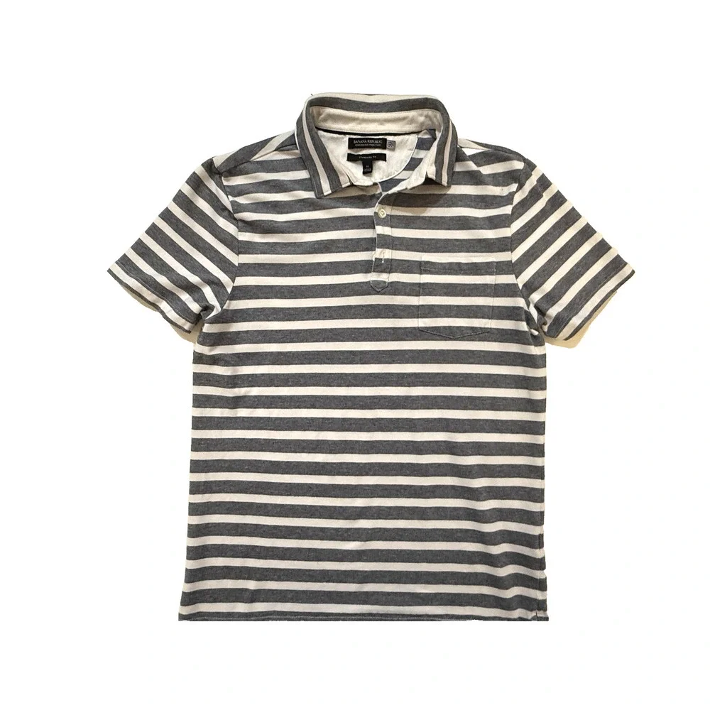 Banana Republic Polo Shirt Mens Medium Gray White Striped Performance Pique Knit
